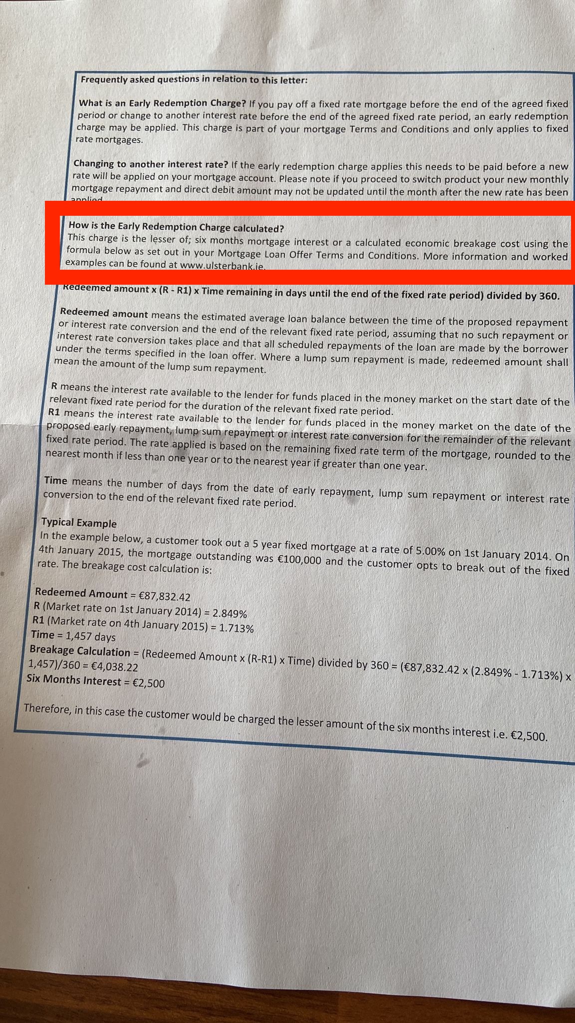 Letter from Ulster Bank showing their break fee calculation